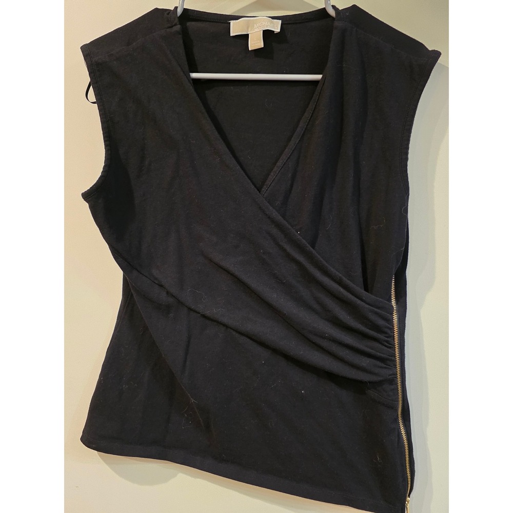 Michael Kors Womens Black V-Neck Wrap Top Gold Side Zip Sleeveless Blouse Size L